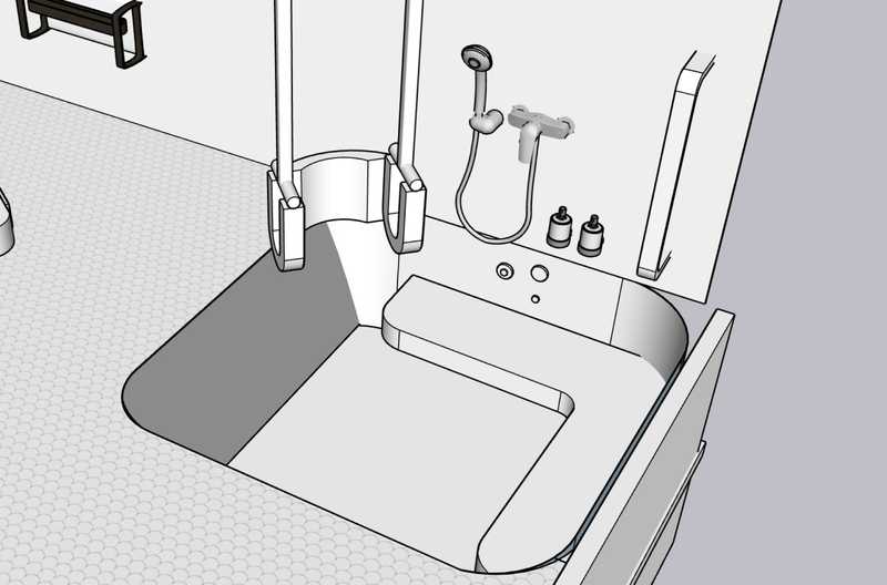 Close up on a large bathtub whose entrance is flush with the floor. It has an L-shaped seat on one side in front of a shower head and soap dispensers.