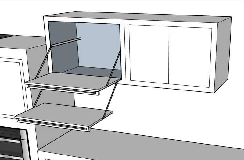 A close up on an overhead storage cabinet with the cabinet opened. The shelves are pulled forward and down so that they can be accessed below the height of the cabinet.