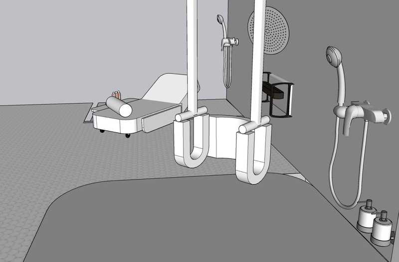 A close up on a 3D model of a pulley system for mobility support. The mobility component is attached to the ceiling track system, and contains two stirrup-like handles that face one another as well as an attached support swing between them.