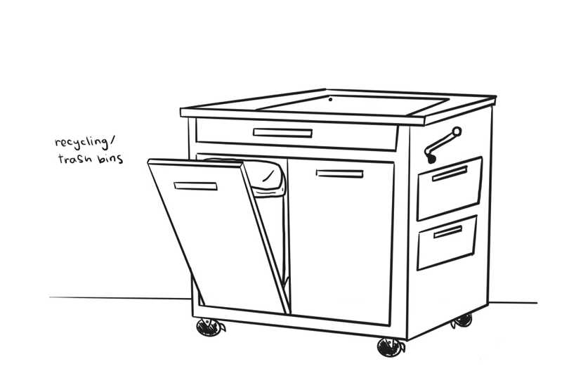 A sketch of a movable kitchen island with recycling and trash bins that can be pulled forward