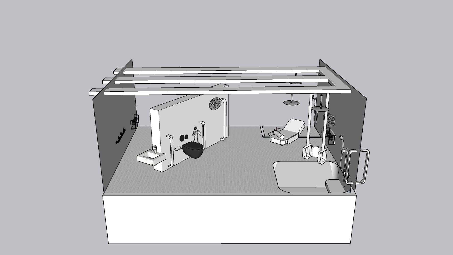 An aerial view of a bathroom. Above everything, three horizontal slats show the support system for a pulley mobility system. The pulley is attached at the right-front of the room, above a zero-entry bathtub. Above the bathtub are two shower heads. Behind the bathtub are two more shower heads and a reclined shower chair that is on wheels. In the center of the room, a slanted wall houses a sink, toilet, and two shower heads.