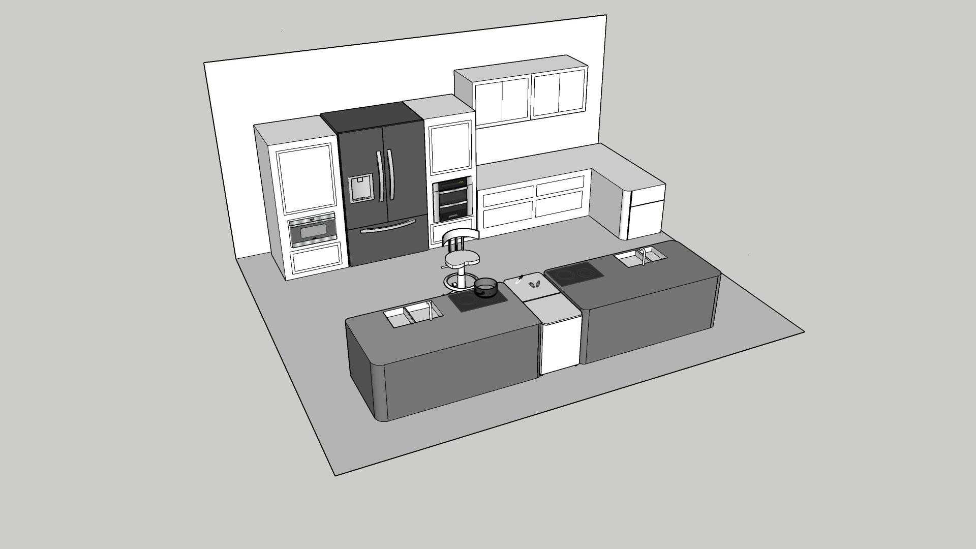 An aerial shot of kitchen rendered in 3D. There is a back wall which contains a large cabinet with a microwave installed one quarter of the way up, a large double door fridge, high cabinets and counter space below them. In front of this back wall there is a kitchen island which contains sinks on either end, induction stove tops next to each sink, and a cutting board in the middle. There is also a wheelable chair between the back wall and the kitchen island.