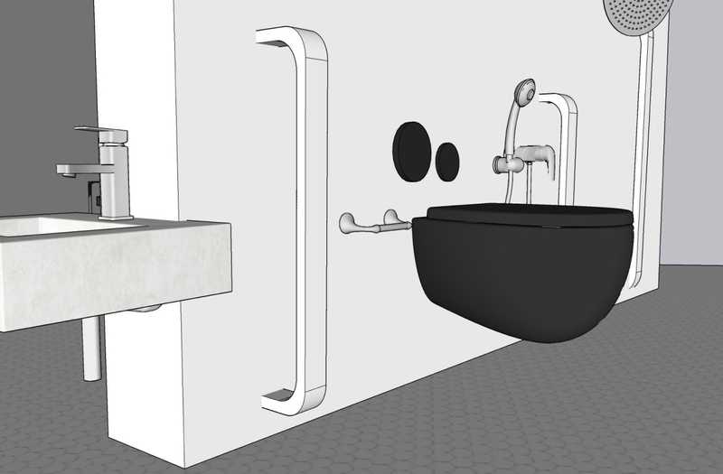 A close up on a half wall with a sink, toilet, and two shower heads. On either side of the toilet and on the far end of the last shower head, there are large grab bars. The grab bars are installed in the walls and have rounded edges. They vary in height, the tallest one being as high as the shower head.